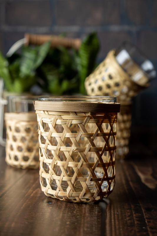 Handmade Bamboo Indoor Tea Light Holders. Set of 2 (1st - Dia 9 x10cm; 2nd- Dia 9 x 7cm)